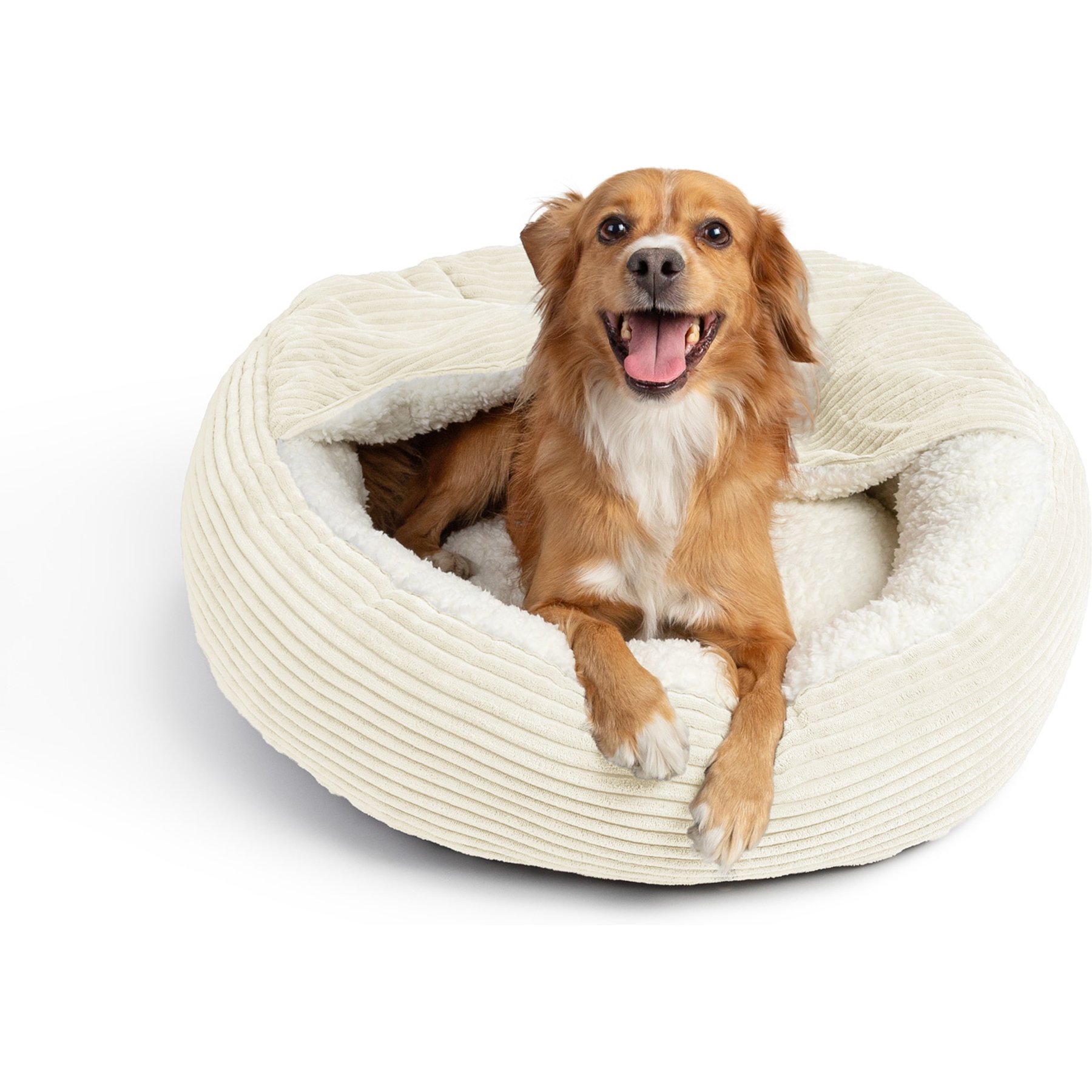 Sherry Kline Pet Collection Corduroy Hoodie Round Dog Bed, Natural, 27 x 27 x 4-in