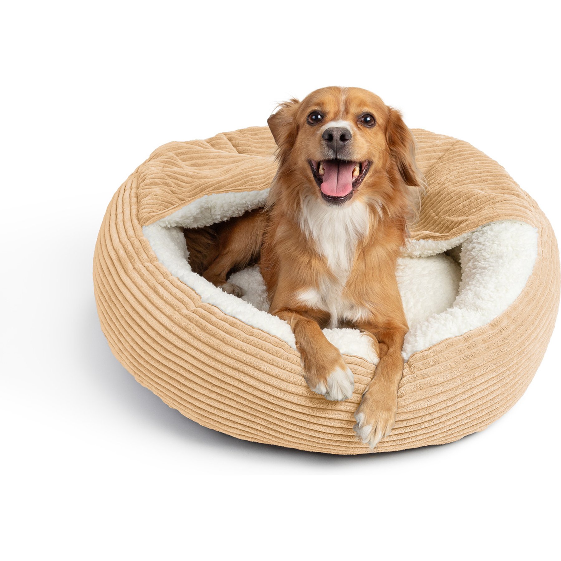 Sherry Kline Pet Collection Corduroy Hoodie Round Dog Bed, Gold, 36 x 36 x 4-in
