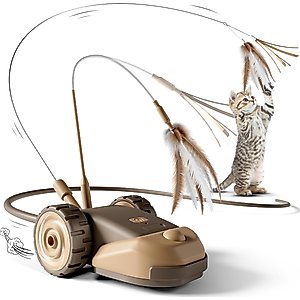 Casfuy 2-Speed Erratic Mouse Motion 3-in-1 Interactive Cat Toy with Feathers & Silicone Tail, Brown