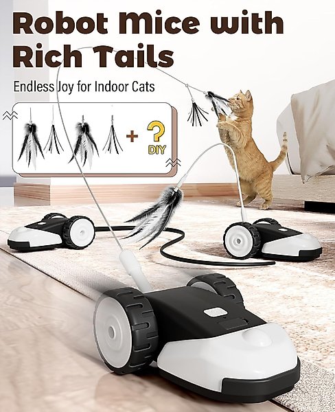 Casfuy 2-Speed Erratic Mouse Motion 3-in-1 Interactive Cat Toy with Feathers & Silicone Tail