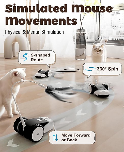 Casfuy 2-Speed Erratic Mouse Motion 3-in-1 Interactive Cat Toy with Feathers & Silicone Tail
