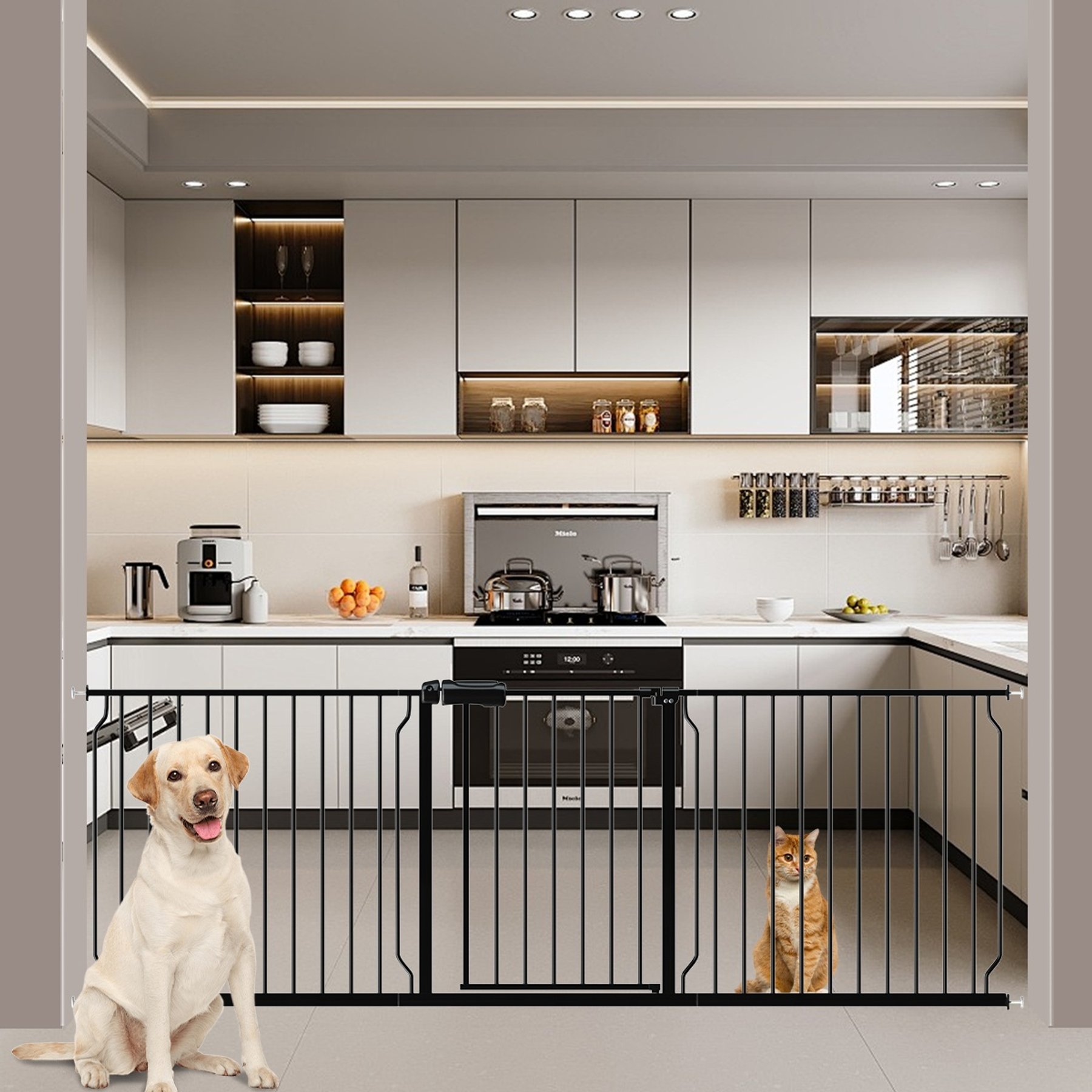WAOWAO Extra Wide Pressure Mounted Adjustable Metal Pet Dog Gate, 85-90-in, Black