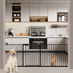 WAOWAO Extra Wide Pressure Mounted Walk-Through Metal Dog Gate, 72-85-in, Black