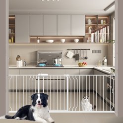 WAOWAO Extra Wide Pressure Mounted Walk-Through Metal Dog Gate 72-85-in, White