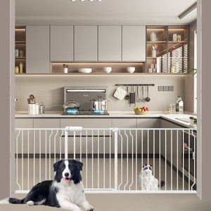WAOWAO Extra Wide Pressure-Mounted Auto Close & Dual Lock Adjustable Metal Pet Dog Gate, 72-85-in, White