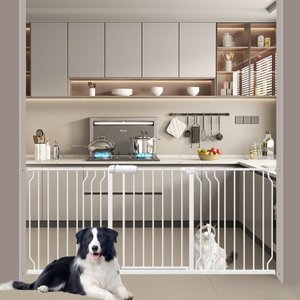 WAOWAO Extra Wide Pressure-Mounted Auto Close & Dual Lock Adjustable Metal Pet Dog Gate, 63-72-in, White