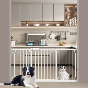 WAOWAO Extra Wide Pressure-Mounted Auto Close & Dual Lock Adjustable Metal Pet Dog Gate, 53-63-in, White