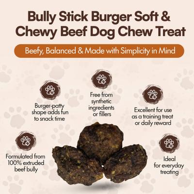 Show full view: The Treat Shack Bully Stick Burger Soft & Chewy Beef Dog Chew Treat, 24 count slide 4 of 9