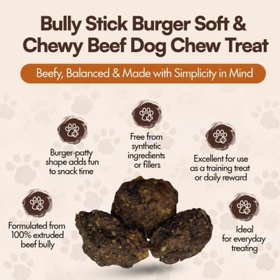 Show full view: The Treat Shack Bully Stick Burger Soft & Chewy Beef Dog Chew Treat, 6 count slide 4 of 9