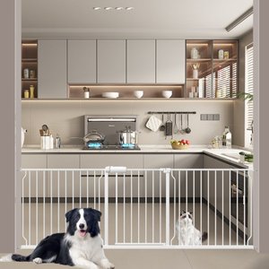 WAOWAO Extra Wide Pressure-Mounted Auto Close & Dual Lock Adjustable Metal Pet Dog Gate, 85-90-in, White