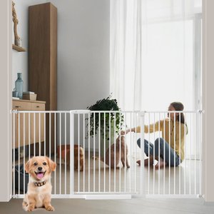 WAOWAO Ultra-Narrow Pressure Mounted Spacing Metal Pet Gate for Dog & Cat, 70-77-in, White