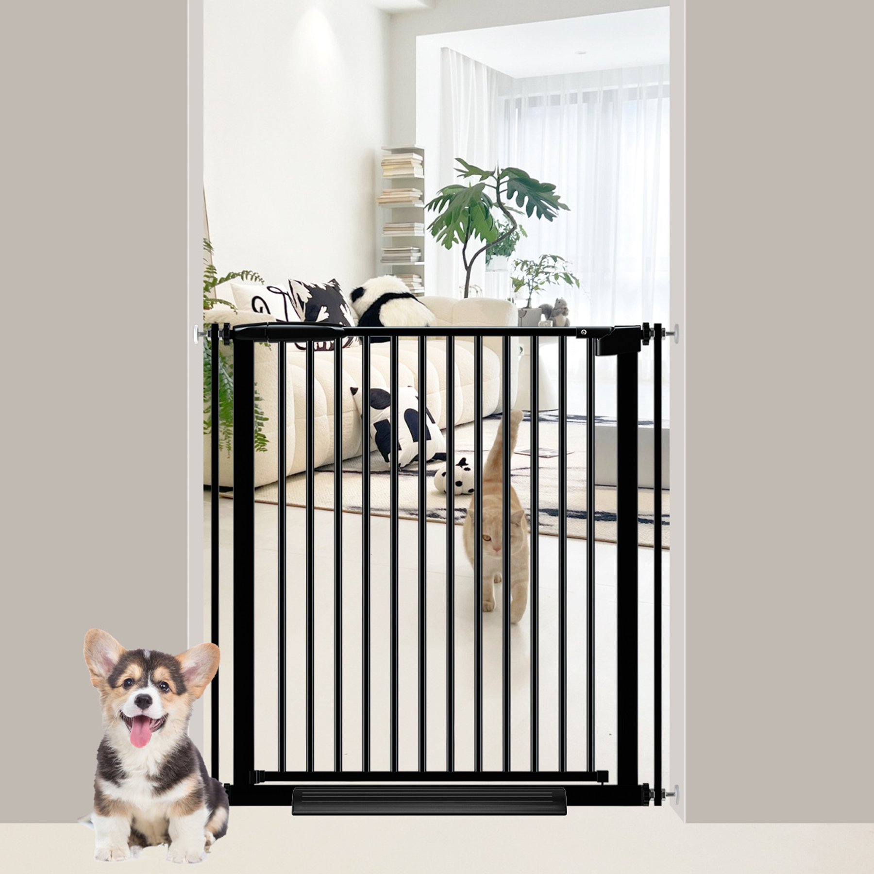 WAOWAO Extra Wide Pressure Mounted Metal Dog & Cat Gate, 30-34-in, Black