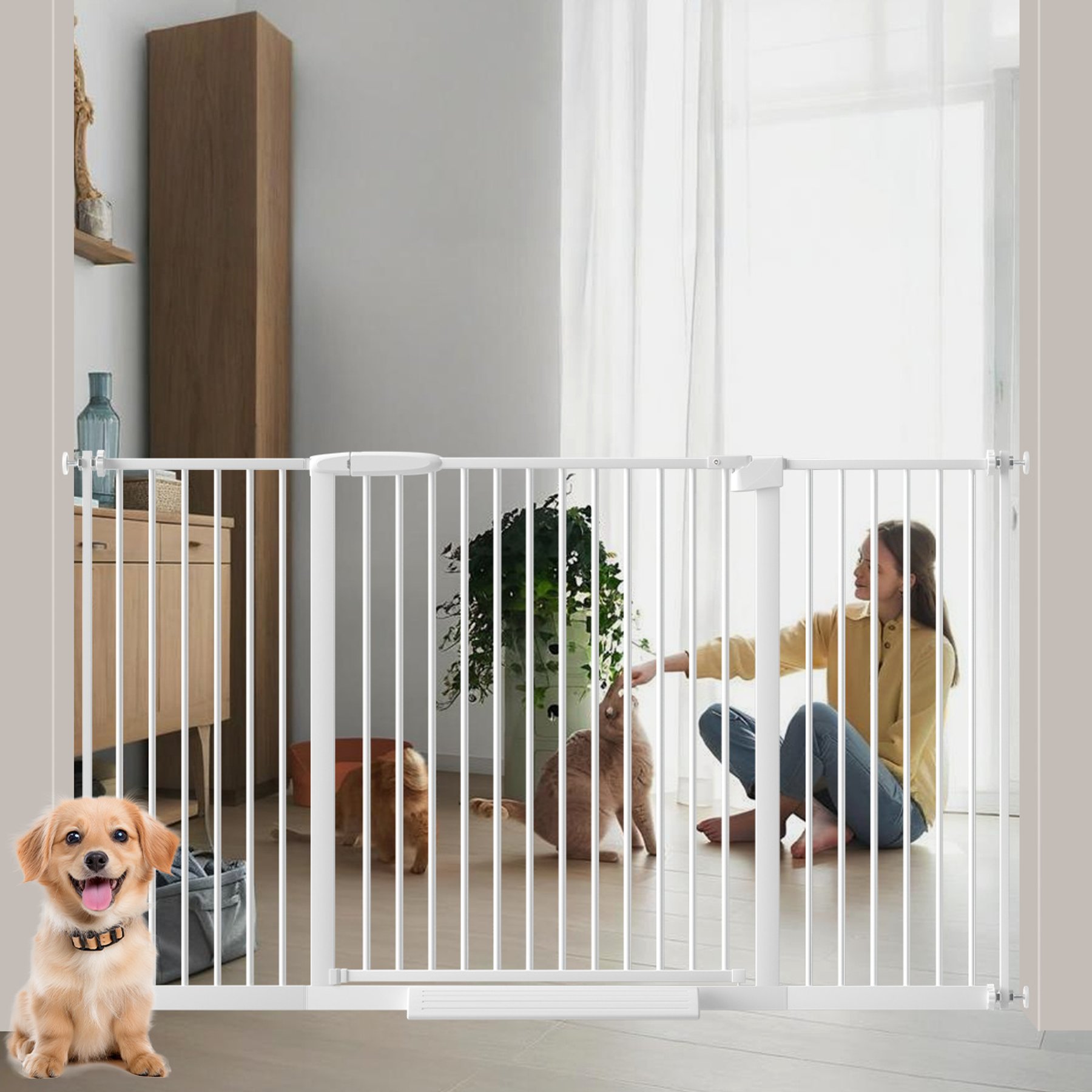 WAOWAO Extra Wide Spacing Pressure Mounted Spacing Metal Pet Gate for Dog & Cat, 54-61-in, White