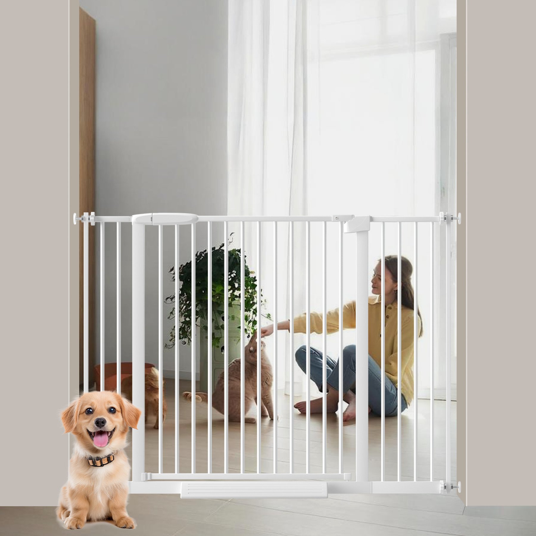 WAOWAO Extra Wide Spacing Pressure Mounted Spacing Metal Pet Gate for Dog & Cat, 34-45-in, White