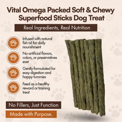 Show full view: The Treat Shack 6-in Vital Omega Packed Soft & Chewy Superfood Sticks Dog Treat, 12 count slide 4 of 9