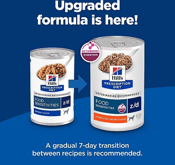 Show full view: Hill's Prescription Diet z/d Skin & Food Sensitivities Hydrolyzed Chicken Flavor Wet Dog Food, 13-oz can, case of 12 slide 3 of 13