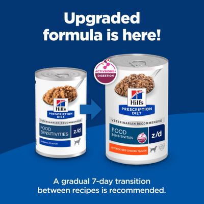 Show full view: Hill's Prescription Diet z/d Skin & Food Sensitivities Hydrolyzed Chicken Flavor Wet Dog Food, 13-oz can, case of 12 slide 3 of 13