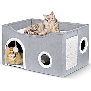 Heeyoo Polyester Indoor Cat House with Fluffy Ball & Scratch Pad, Light Grey