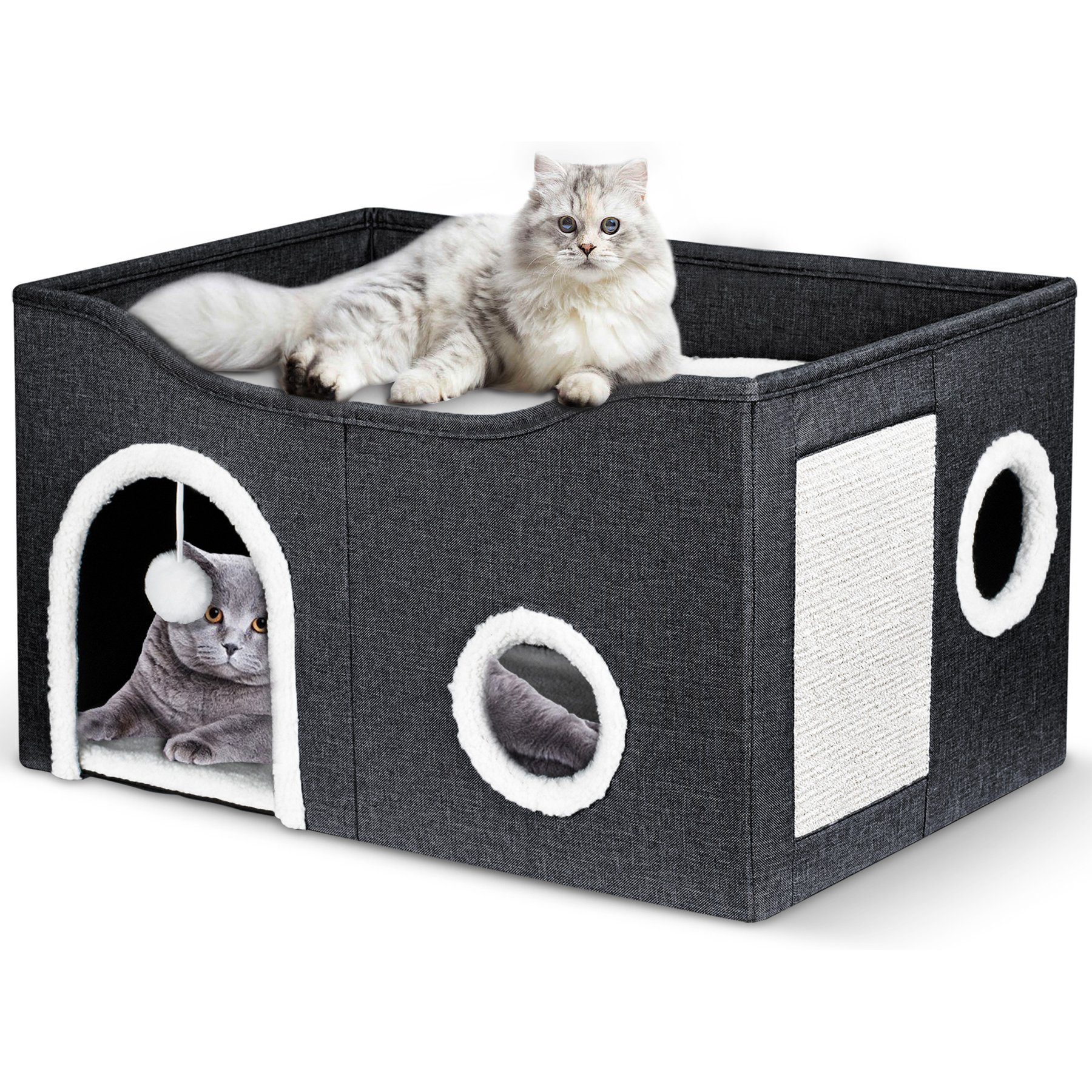 Heeyoo Polyester Indoor Cat House with Fluffy Ball & Scratch Pad, Charcoal Grey