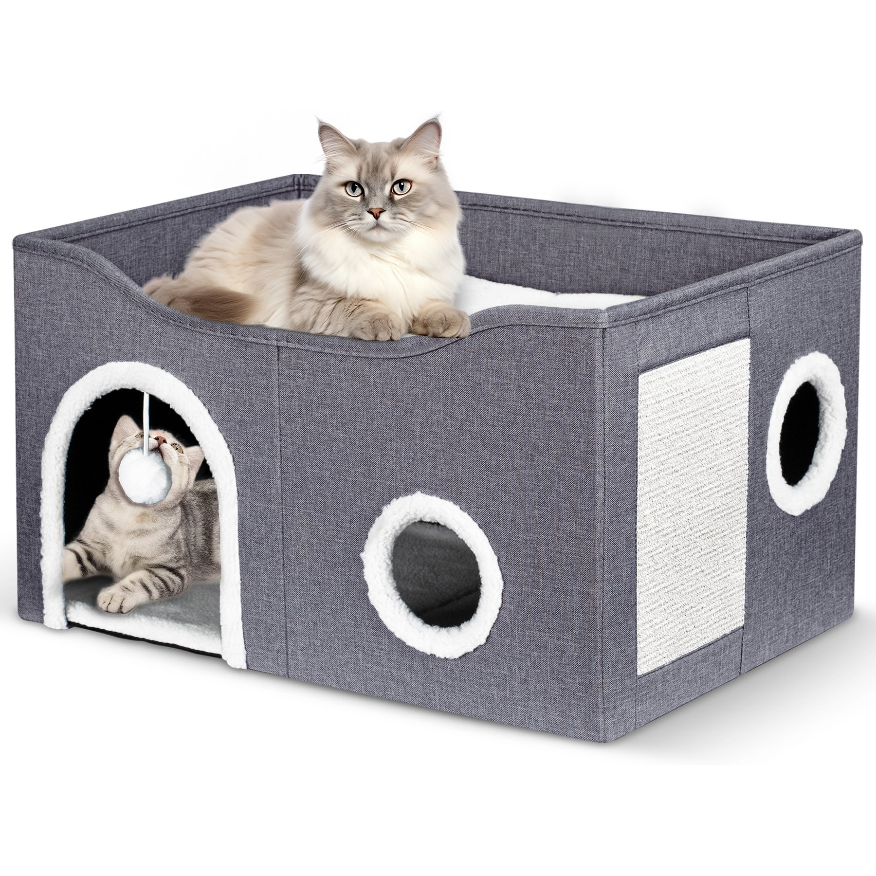 Heeyoo Polyester Indoor Cat House with Fluffy Ball & Scratch Pad, Grey