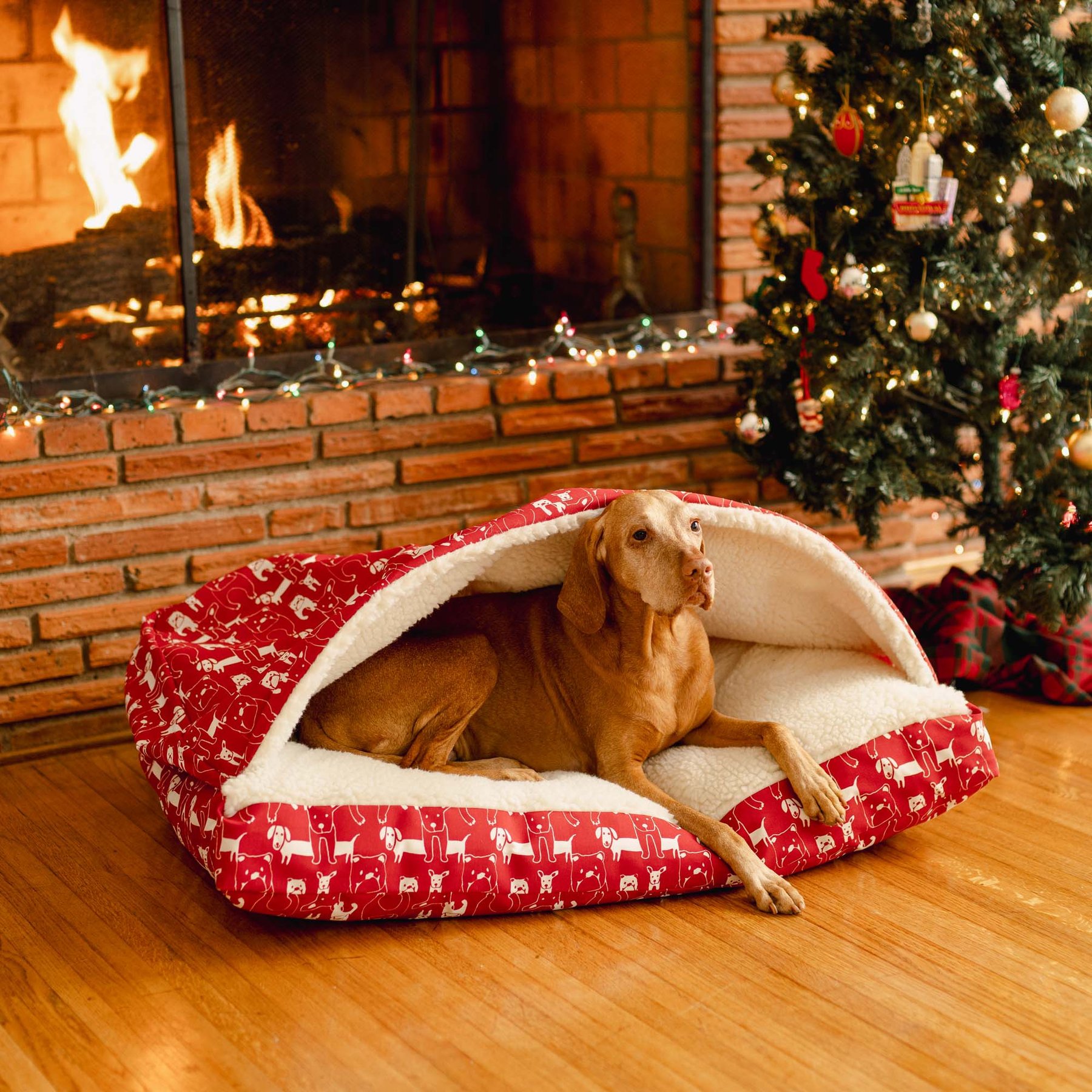 Snoozer Pet Products Indoor/Outdoor Holiday Print Rectangle Cozy Cave Dog Bed, Pedigree Red, X-Large