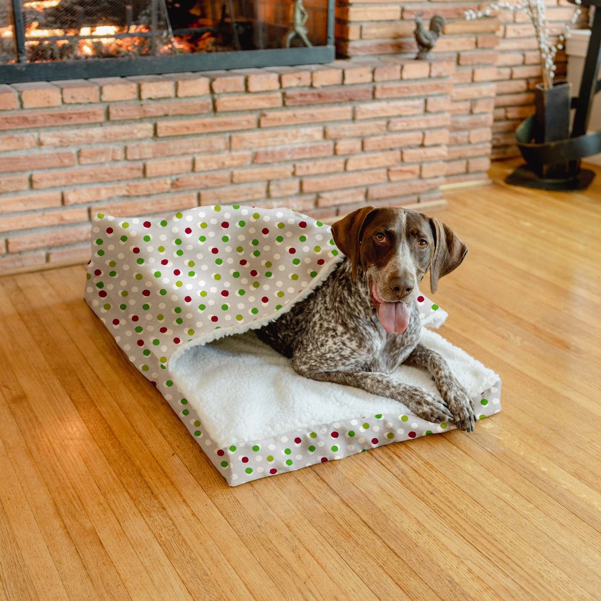 Snoozer Pet Products Indoor/Outdoor Holiday Print Cozy Cave Crate Dog Bed, Holiday Dots, Medium