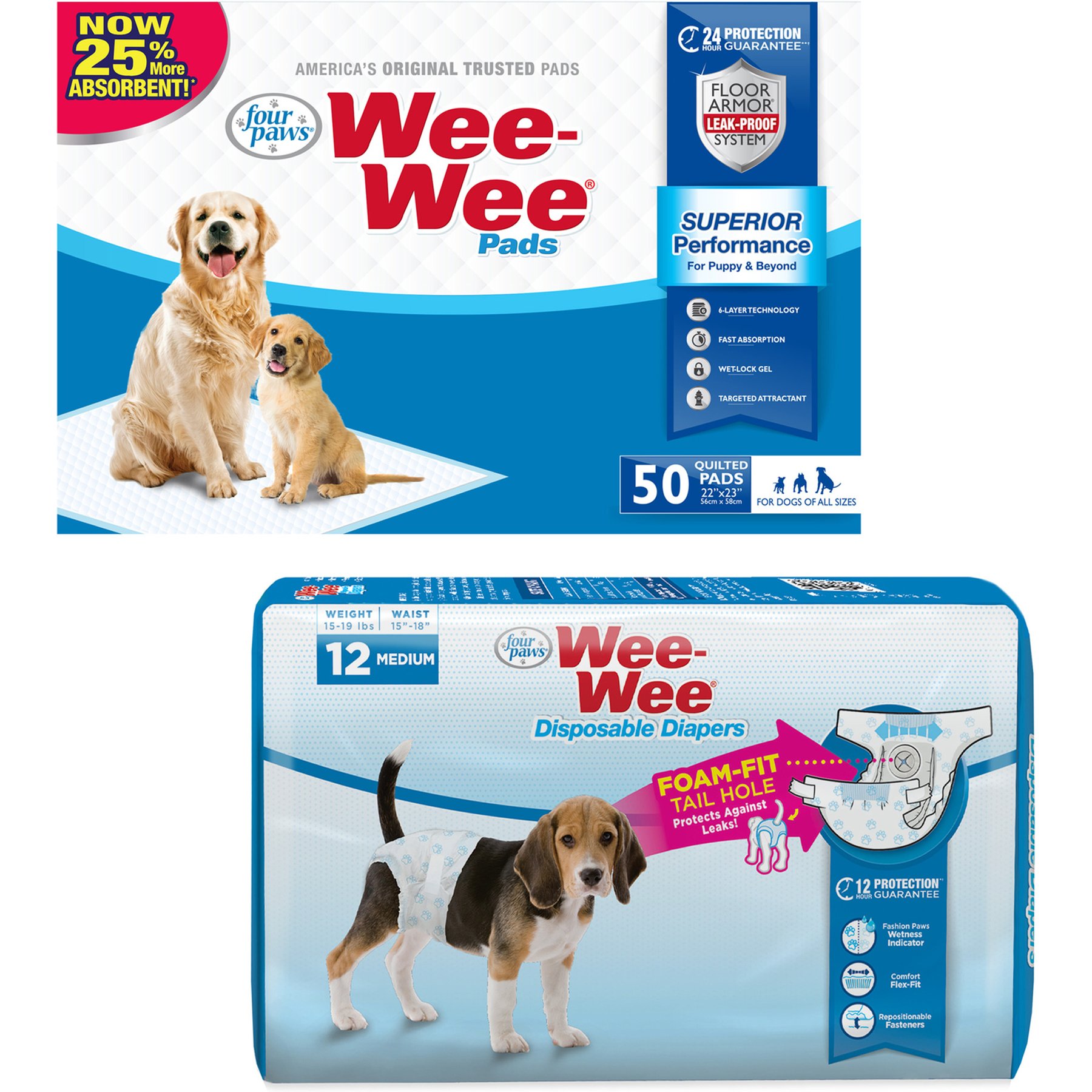 Wee-Wee Disposable Doggie Diapers, Medium, 12 count + Absorbent Dog Pads, 22" x 23", 50 count