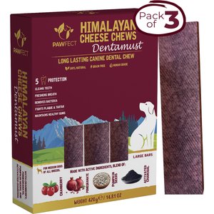 Pawfect Dentamust Himalayan Cheese Chews Large All Natural High-Protein Grain-Free with Cranberry Pomengranate Pumpkin seeds & Activated Charcoal Dental Dog Treats, 3 count