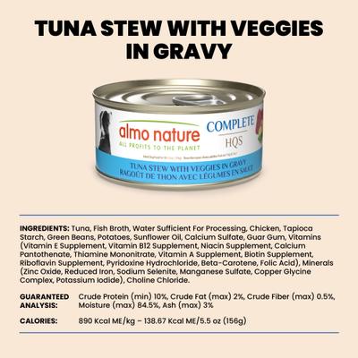 Show full view: Almo Nature HQS Complete Tuna Stew with Veggies in Gravy Grain-Free Wet Dog Food, 5.5-oz can, case of 12 slide 7 of 9