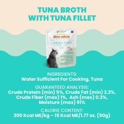 Show full view: Almo Nature Hydration Help HQS Tuna Recipe in Broth Wet Cat Food Topping, 1.77-oz pouch, case of 12 slide 7 of 10