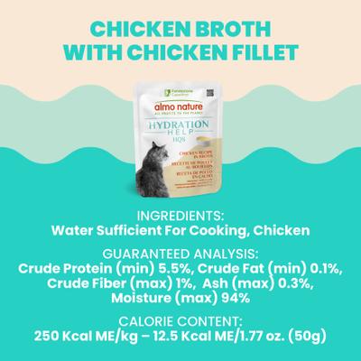 Show full view: Almo Nature Hydration Help HQS Chicken Recipe in Broth Wet Cat Food Topping, 1.77-oz pouch, case of 12 slide 7 of 9