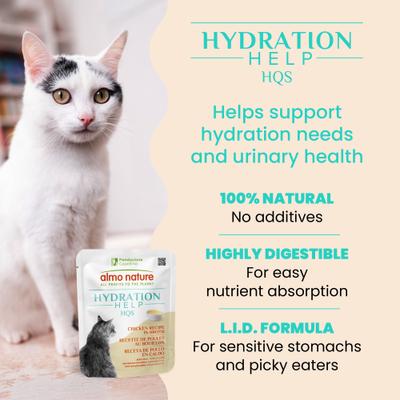 Show full view: Almo Nature Hydration Help HQS Chicken Recipe in Broth Wet Cat Food Topping, 1.77-oz pouch, case of 12 slide 4 of 9