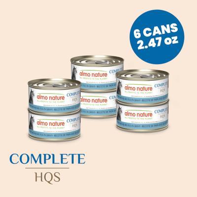 Show full view: Almo Nature HQS Complete Tuna with Quail Eggs in Gravy Flaked Wet Cat Food, 2.47-oz can, case of 6 slide 3 of 10
