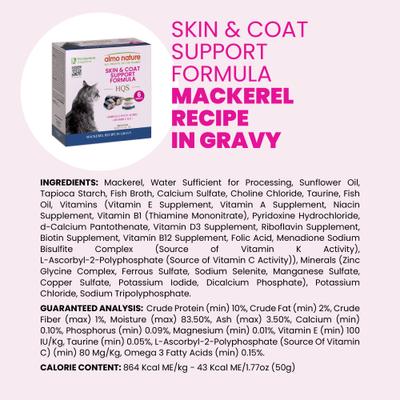 Show full view: Almo Nature HQS Supportive Formulas Skin & Coat Support Formula Flaked Mackerel Recipe in Gravy Wet Cat Food, 1.77-oz can, case of 6 slide 8 of 10