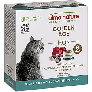 Almo Nature HQS Supportive Formulas Golden Age Flaked Tuna Recipe with Ocean Fish in Gravy Wet Cat Food, 1.77-oz can, case of 6