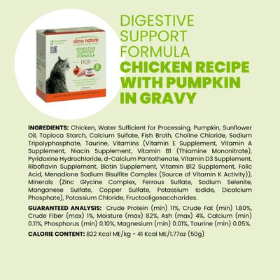 Show full view: Almo Nature HQS Supportive Formulas Digestive Support Formula Shredded Chicken Recipe with Pumpkin in Gravy Wet Cat Food, 1.77-oz can, case of 6 slide 8 of 10