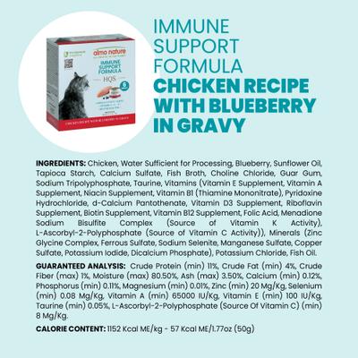 Show full view: Almo Nature HQS Supportive Formulas Immune Support Formula Shredded Chicken Recipe with Blueberry in Gravy Wet Cat Food, 1.77-oz can, case of 6 slide 8 of 10