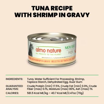 Show full view: Almo Nature HQS Paté Tuna Recipe with Shrimps in Gravy Grain-Free Pate Wet Canned Cat Food, 2.47-oz can, case of 24 slide 7 of 11