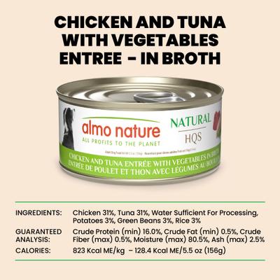 Show full view: Almo Nature HQS Natural Chicken & Tuna Entree with Vegetables in Broth Wet Dog Food, 5.5-oz can, case of 12 slide 7 of 9