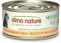 Almo Nature HQS Paté Tuna Recipe with Shrimps in Gravy Grain-Free Pate Wet Canned Cat Food, 2.47-oz can, case of 24