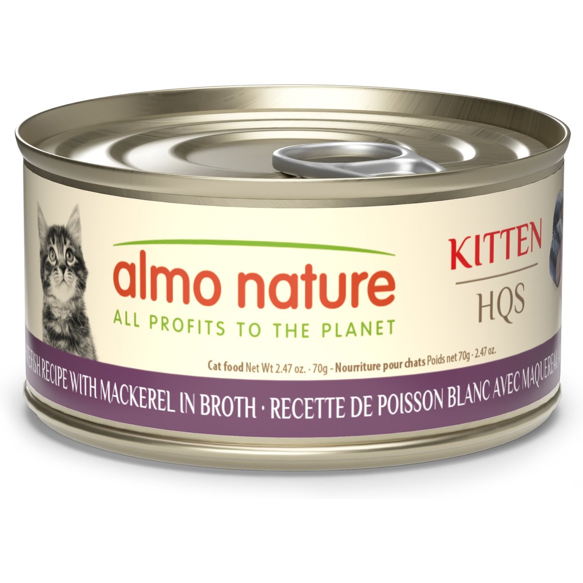 Almo Nature Natural HQS Kitten Grain-Free Whitefish with Mackerel in Broth Pate Wet Cat Food, 2.47-oz can, case of 24