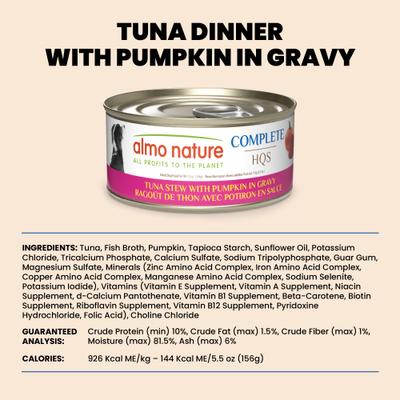 Show full view: Almo Nature HQS Complete Tuna Stew with Pumpkin in Gravy Wet Dog Food, 5.5-oz can, case of 12 slide 7 of 9