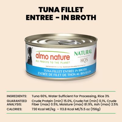 Show full view: Almo Nature HQS Natural Tuna Fillet Entree in Broth Wet Dog Food, 5.5-oz can, case of 12 slide 7 of 10