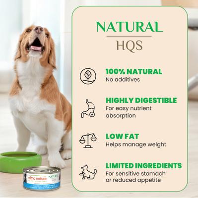 Show full view: Almo Nature HQS Natural Tuna Fillet Entree in Broth Wet Dog Food, 5.5-oz can, case of 12 slide 4 of 10