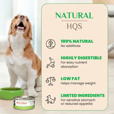 Show full view: Almo Nature HQS Natural Chicken & Tuna Entree with Vegetables in Broth Wet Dog Food, 5.5-oz can, case of 12 slide 4 of 9