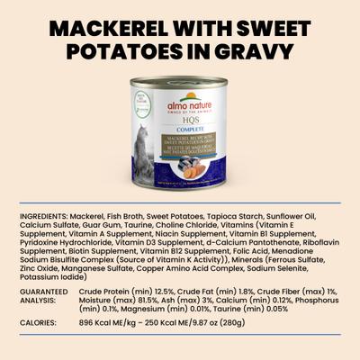 Show full view: Almo Nature HQS Complete Mackerel Recipe with Sweet Potatoes in Gravy Cat Wet Food, 9.87-oz can, case of 12 slide 7 of 9
