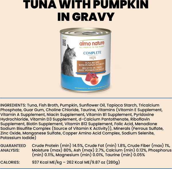 Almo Nature HQS Complete Tuna Recipe with Pumpkin in gravy Cat Wet Food, 9.87-oz can, case of 12