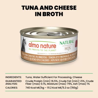 Show full view: Almo Nature HQS Natural Tuna & Cheese in Broth Grain-Free Canned Cat Food, 5.29-oz, case of 24 slide 7 of 11