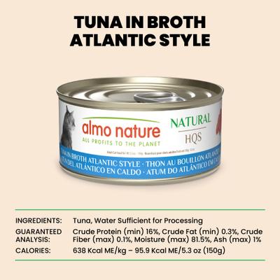 Show full view: Almo Nature HQS Natural Tuna Atlantic Style in Broth Grain-Free Canned Cat Food, 5.29-oz, case of 24 slide 7 of 11