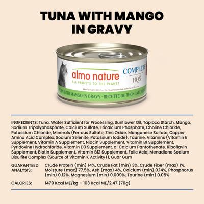 Show full view: Almo Nature HQS Complete Tuna with Mango Wet Cat Food, 2.47-oz can, case of 12 slide 7 of 9